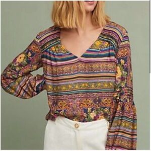 Anthropologie Maeve Ceresco Peasant Top Floral and Striped Print Sz M